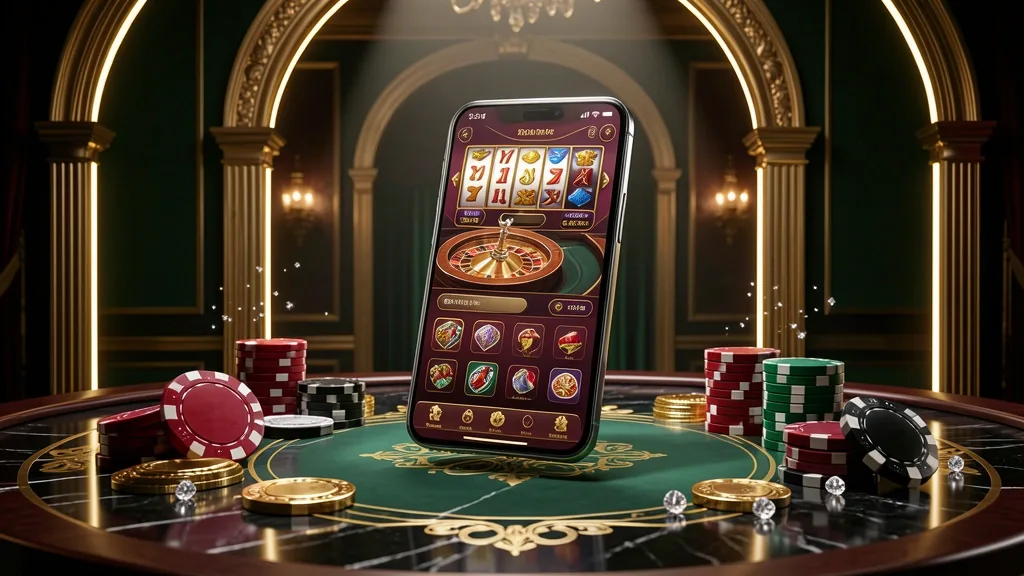 Royal casino app on smartphone surrounded by chips, coins, arches, and marble