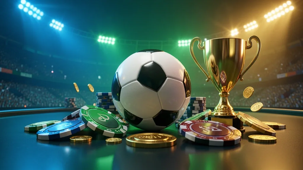 Football surrounded by betting chips, golden trophy, and reward coins in stadium