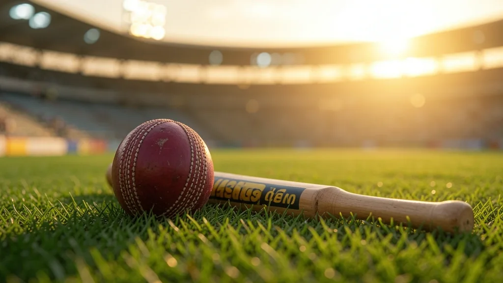 Cricket ball and bat on grass with blurred stadium lights behind