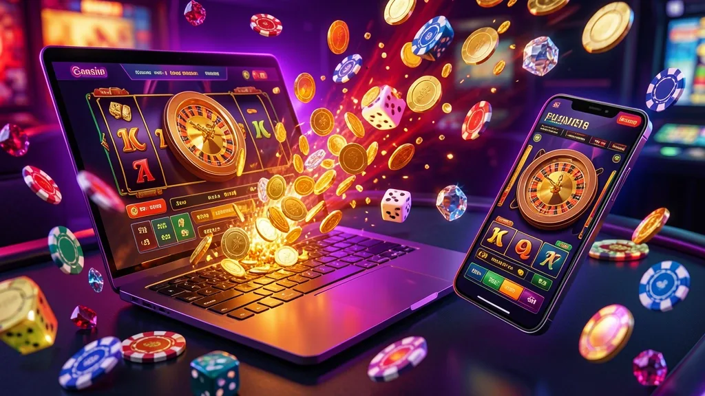 Tilted laptop and smartphone showing casino games with bursting golden coins