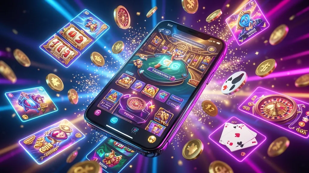 Smartphone displaying mobile casino games surrounded by floating tiles and gold coins