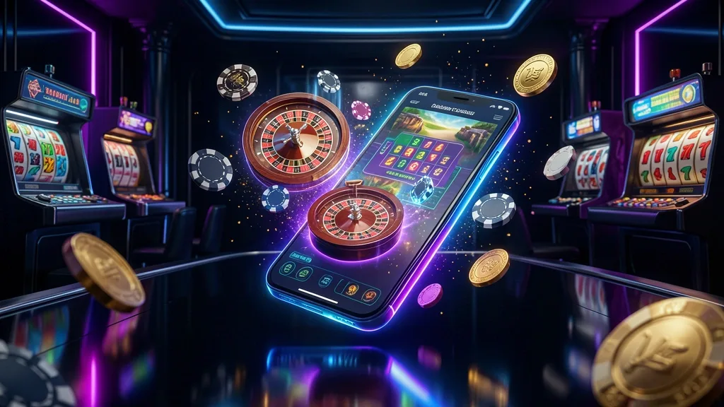 Floating smartphone projecting holographic roulette, slot reels, poker chips, and coins
