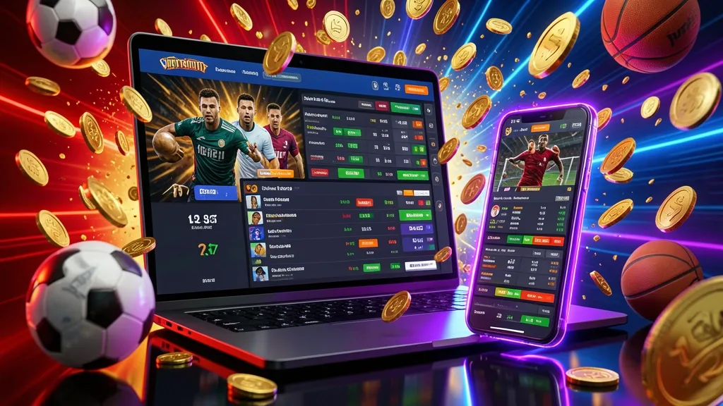 Laptop and smartphone displaying sports betting interfaces with football, basketball, and coins