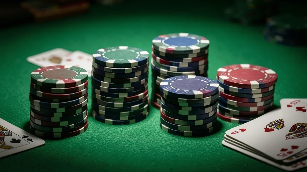 Casino chips and playing cards arranged on green felt under spotlight