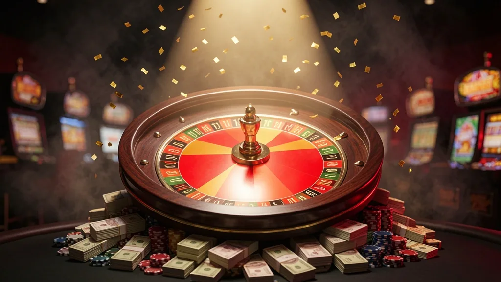 Fortune wheel stopping on red sector amid cash, chips, and confetti
