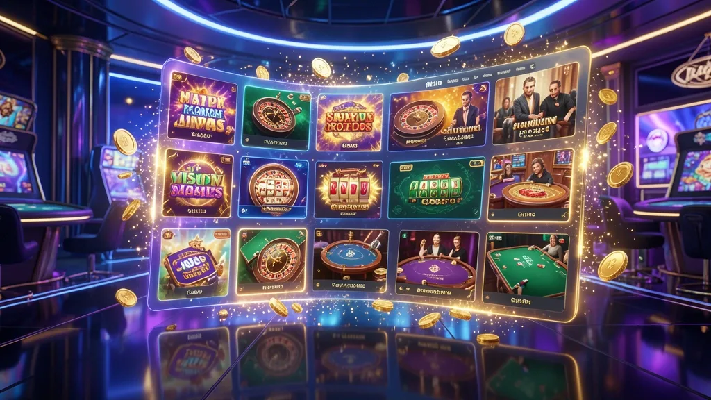 Online casino lobby displaying floating slot, roulette, poker, and live game tiles
