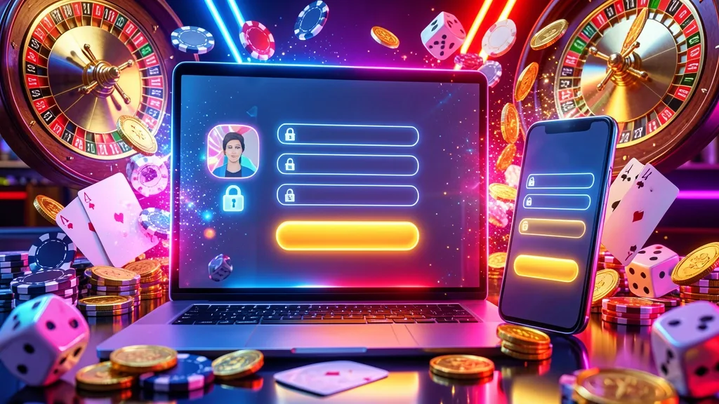 Laptop and smartphone showing login interfaces surrounded by casino games and coins