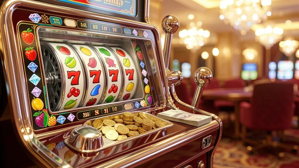 Luxury slot machine showing matching lucky sevens with coins and banknotes