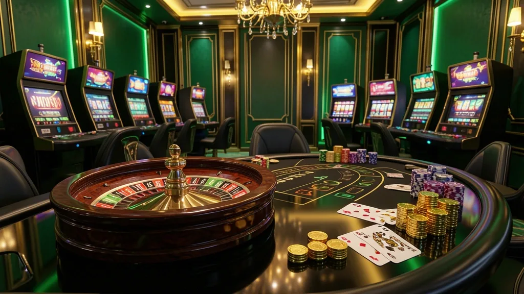 Luxury casino table with roulette wheel, cards, chips, coins, and slot machines