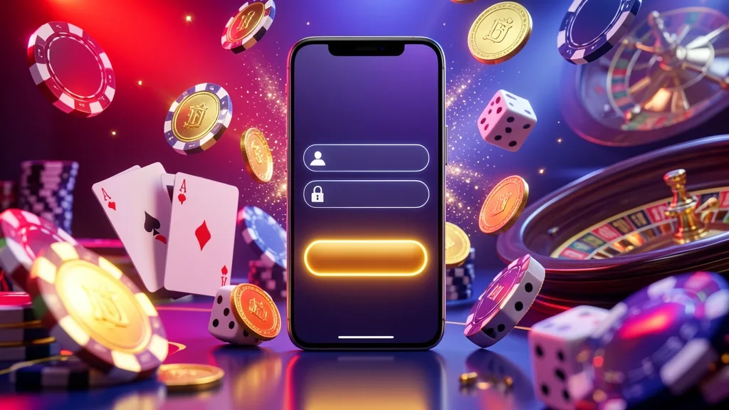 Smartphone displaying casino login interface amid chips, cards, dice, and coins
