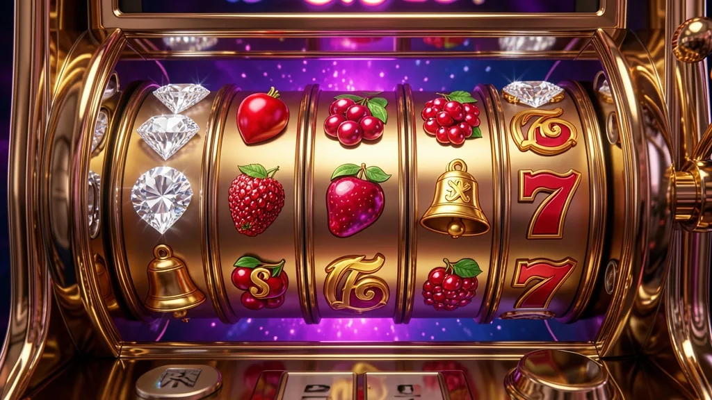 Golden slot machine reels showing diamonds, fruit, bells, and lucky sevens